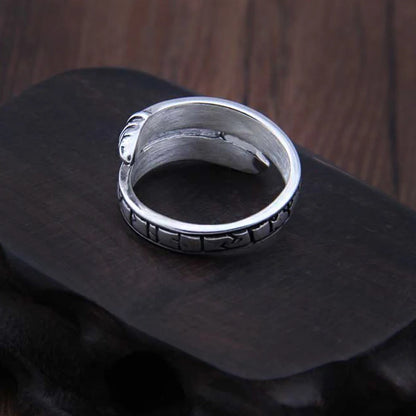 925 Sterling Silver Viking Dragon Rune Ouroboros Ring Adjustable with Viking wood box
