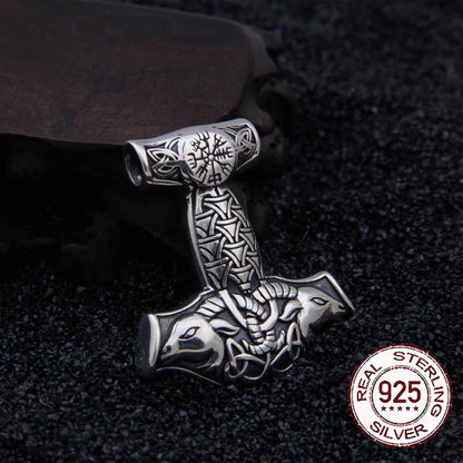 Sterling Silver Viking Goat Viking Thor hammer Necklace with real leather and keel chain