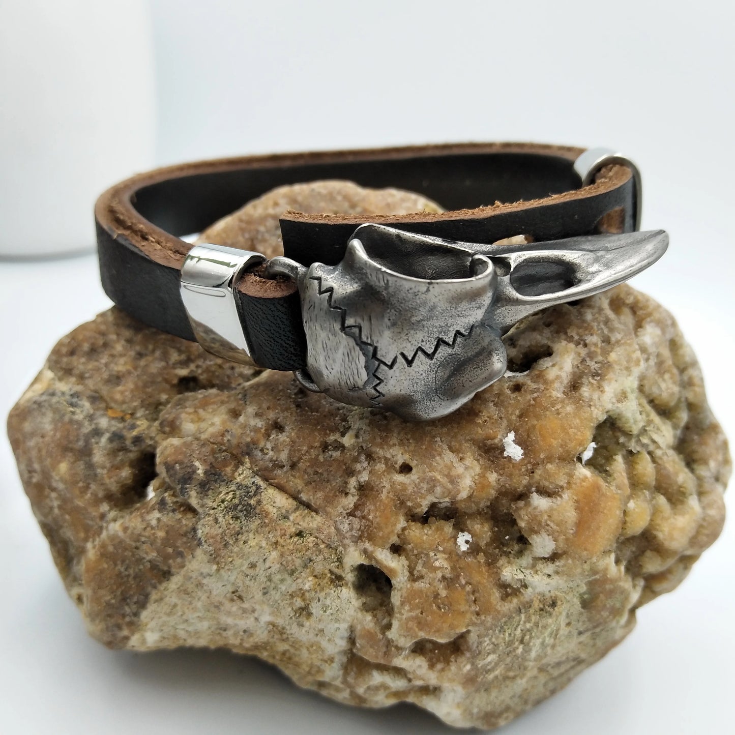 Stainless Steel Odin Raven Viking Skull Leather Bracelet