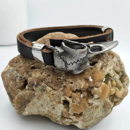 Stainless Steel Odin Raven Viking Skull Leather Bracelet