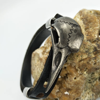 Stainless Steel Odin Raven Viking Skull Leather Bracelet