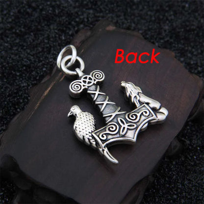 Sterling Silver Viking wolf and raven Thor's hammer necklace