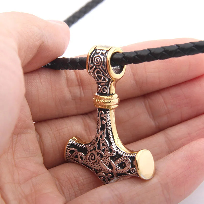 925 Sterling Silver Viking thor's hammer pendant necklace with real leather and keel chain as gift
