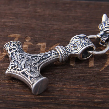 S925 Sterling Silver Viking Wolf heads with Thor's Hammer Mjolnir