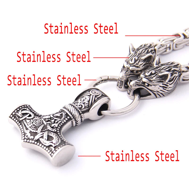 New Arrival Stainless steel making Never fade Viking wolf necklace with thor hammer pendant as christmas gift
