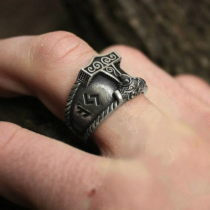 Viking Rune Ring Stainless Steel Mjolnir Thor's Hammer Nordic