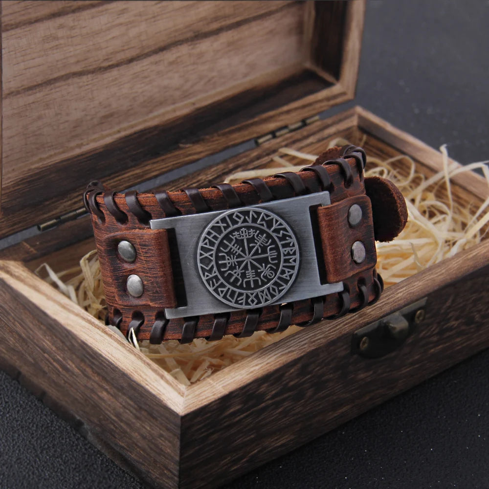 Charm Wide Leather Bracelet Men Punk Braided Rope Alloy Cuff Bangle Male  Wristband Viking Bracelet Mens Jewelry with wood box
