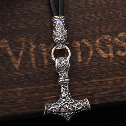 S925 Sterling Silver Viking Wolf heads with Thor's Hammer Mjolnir