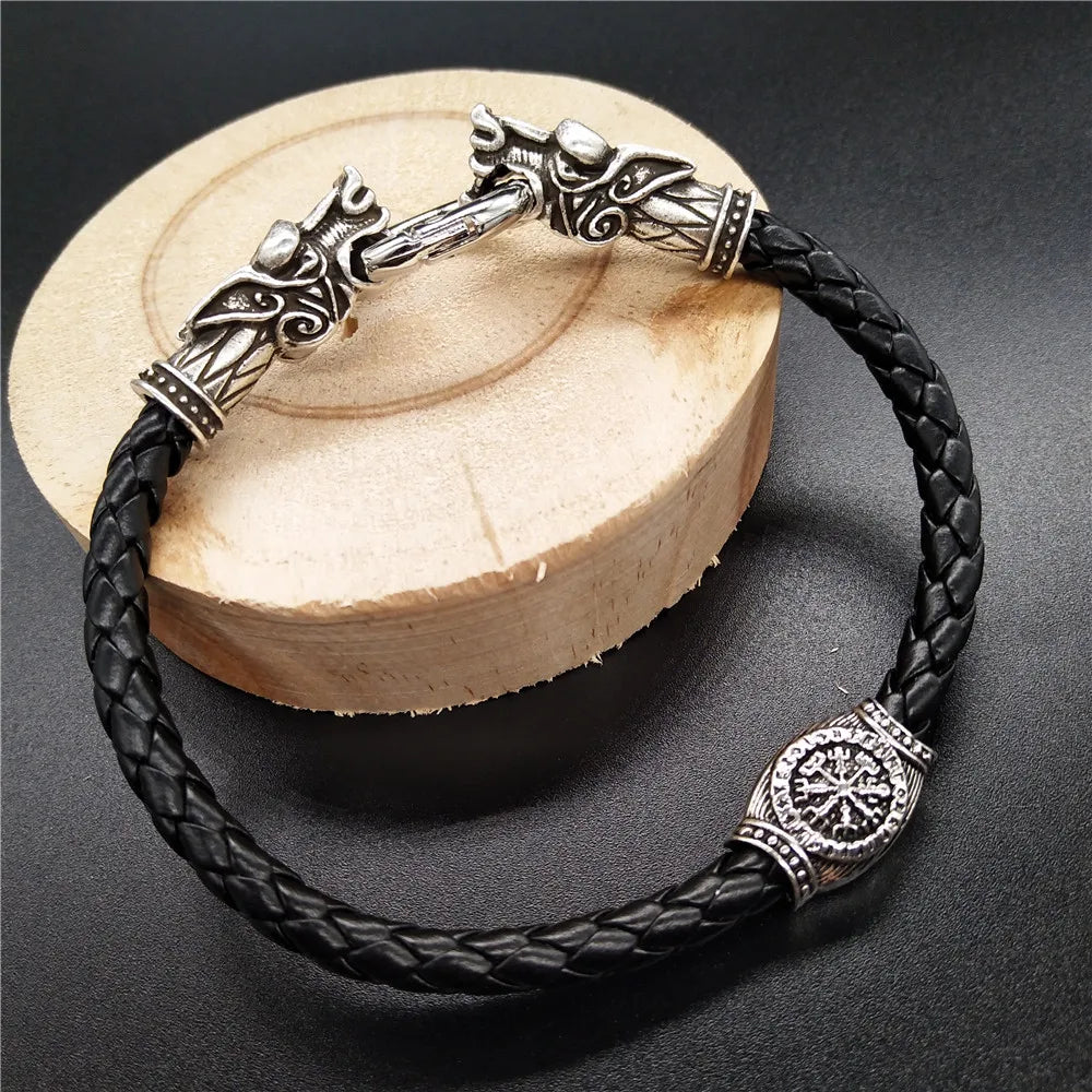 Viking Runes Beads Wolf Head Bracelet Leather