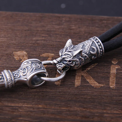 S925 Sterling Silver Viking Wolf heads with thor's hammer mjolnir pendant leather men necklace as christmas gift