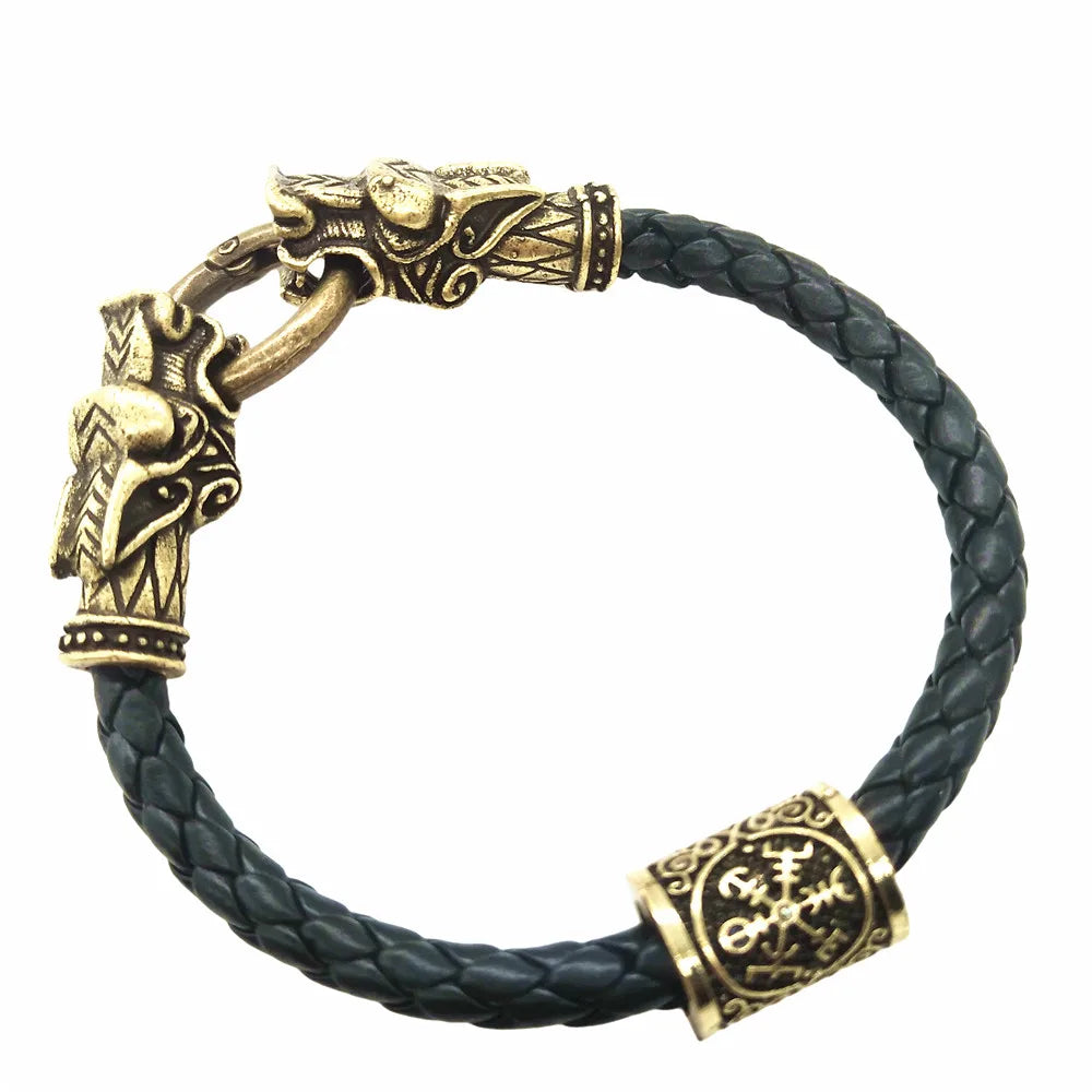 Viking Runes Beads Wolf Head Bracelet Leather