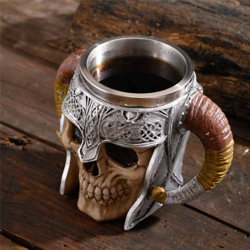 Viking Tankard Mug - Handcrafted Skull With Steel Horned Helmet