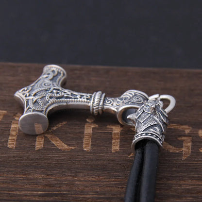 S925 Sterling Silver Viking Wolf heads with thor's hammer mjolnir pendant leather men necklace as christmas gift