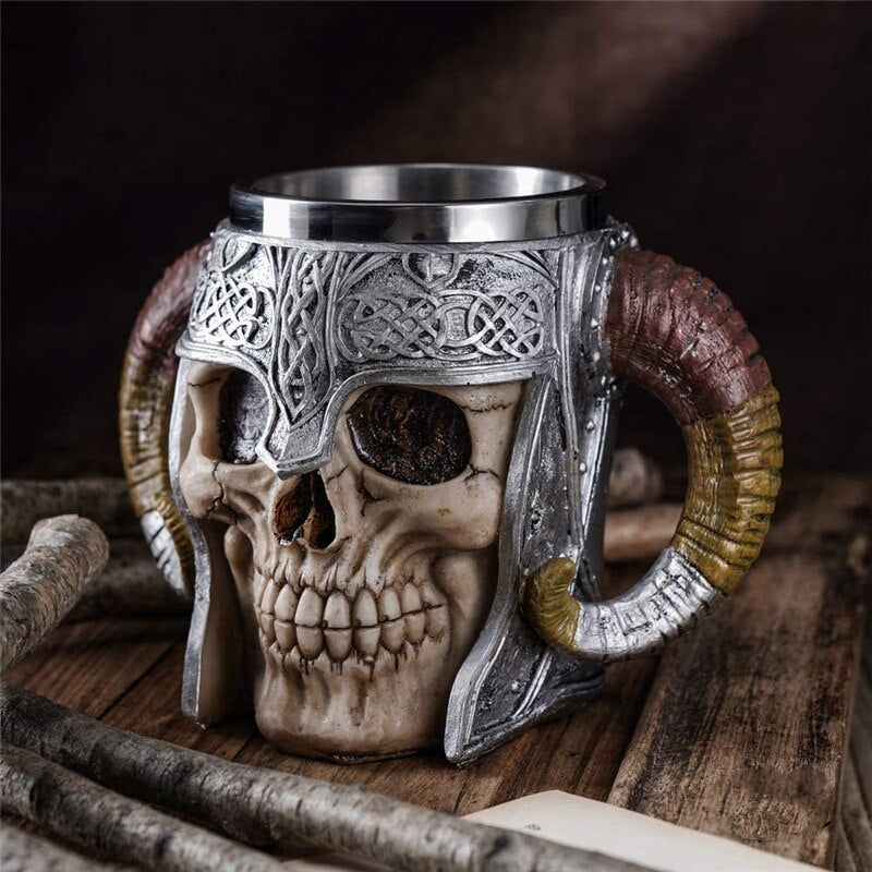 Viking Tankard Mug - Handcrafted Skull With Steel Horned Helmet