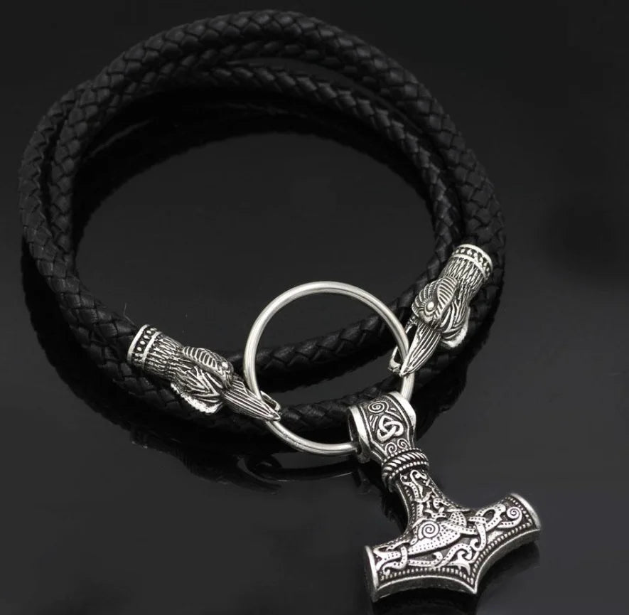 Norse Viking Pendant Cord Odin's Ravens Of Thor's Hammer amulet Axe