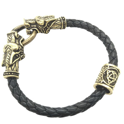 Viking Runes Beads Wolf Head Bracelet Leather