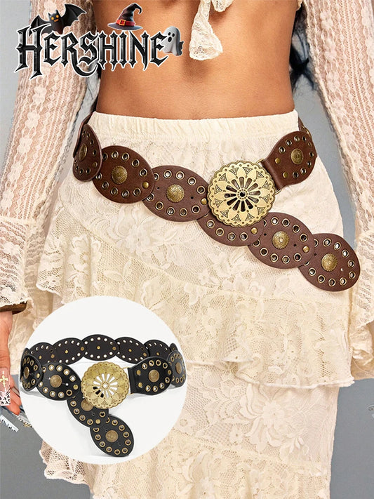 1 Pack Women's Hollow Flower Buckle Brown Oval Splicing Belt Belt Round Metal Eyelets Bohemian Western Style Viking Style
