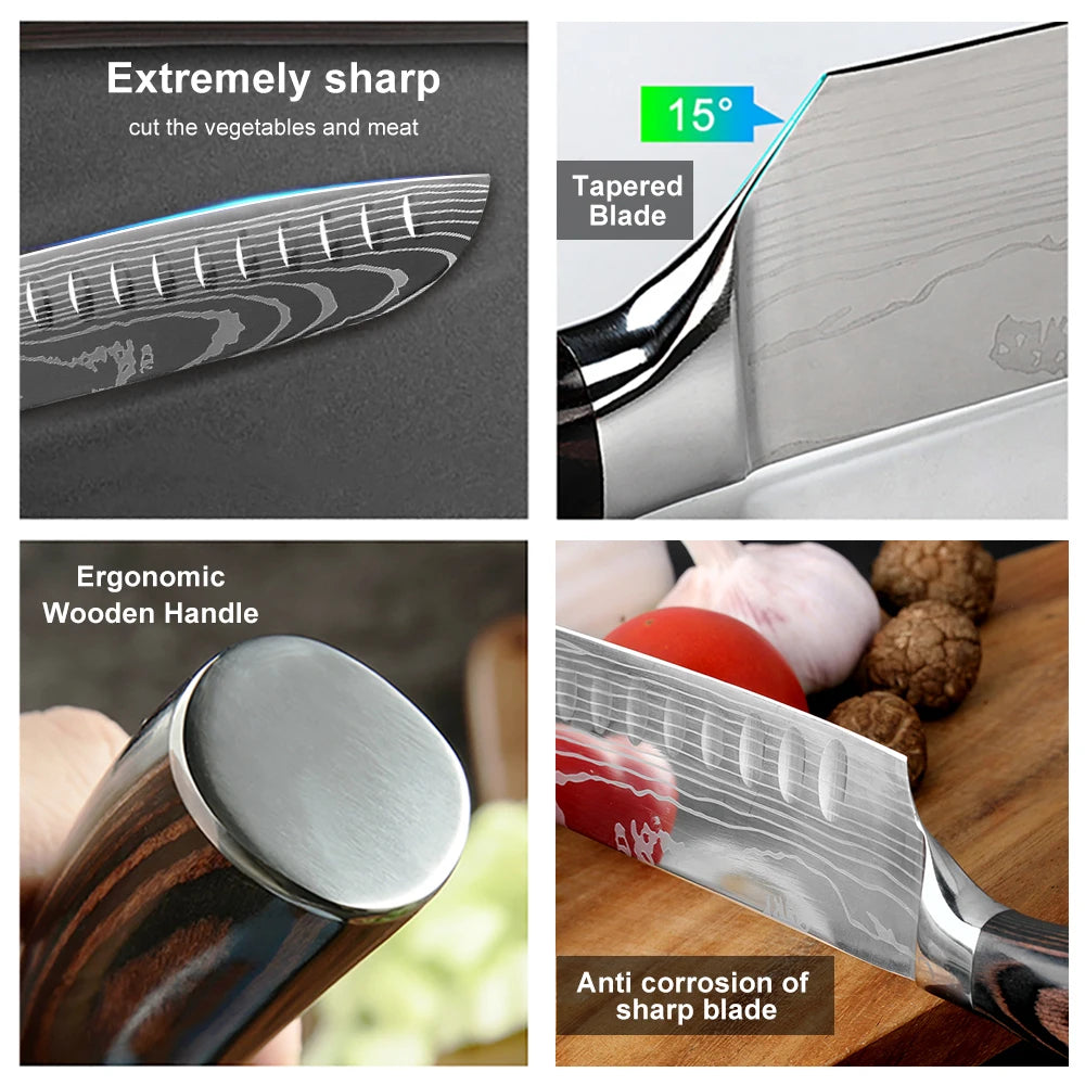 Sharp Kitchen Knife Wooden Handle Stainless Steel Meat Cleaver Kitchen Paring Knives Laser Damascus Pattern Chef  Knife