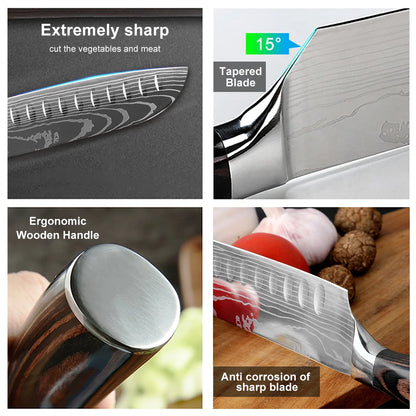 Sharp Kitchen Knife Wooden Handle Stainless Steel Meat Cleaver Kitchen Paring Knives Laser Damascus Pattern Chef  Knife