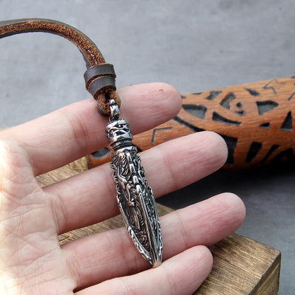 stainless steel Viking dragon spear Pendant Necklace with really cow leather chain As Men Gift with wooden box as gift
