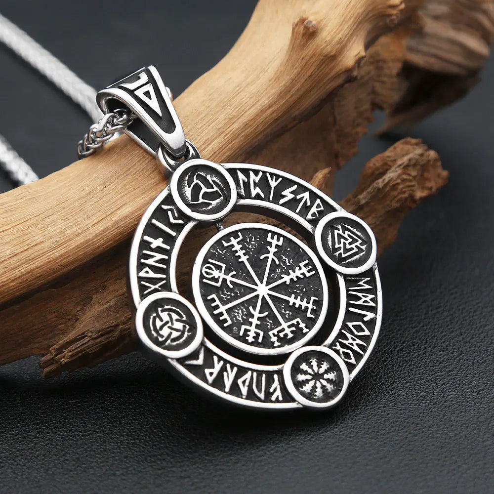 Nordic Vikings Rotate Rune Pendant Necklaces For Men Stainless Steel Viking Compass Necklace Fashion Amulet Jewelry Gifts