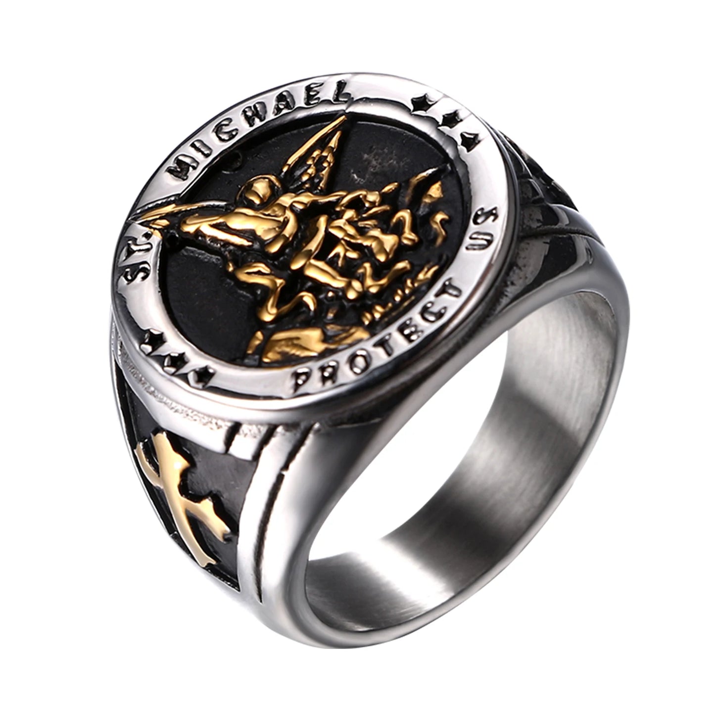 BONISKISS Men's St. Michael Ring Religious Seal Stainless Steel Ring Amulet Jewelry Gift Vintage Golden Sliver Male Fashionable