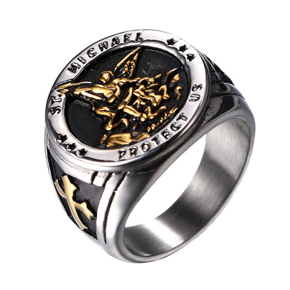 BONISKISS Men's St. Michael Ring Religious Seal Stainless Steel Ring Amulet Jewelry Gift Vintage Golden Sliver Male Fashionable