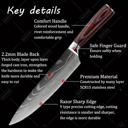 9 Pcs Kitchen Chef Knife Set High Carbon Stainless Steel Damascus Chef Knife Boning Knife Cleaver Santoku Slicer Vegetable