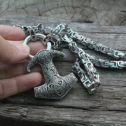 Nordic Necklace Double Wolf Head Thor's Hammer Pendant Stainless Steel