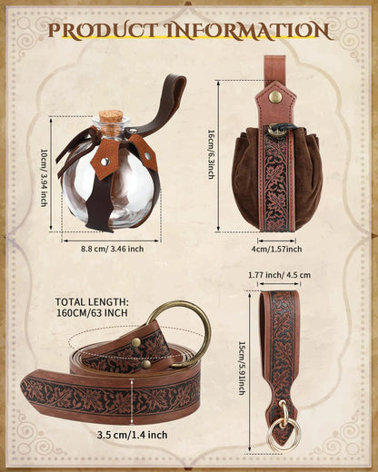 5-Piece Set of Unisex Renaissance Viking Steampunk, Medieval, Renaissance, Artificial Leather Belt, Hiking, Bottle, Wallet