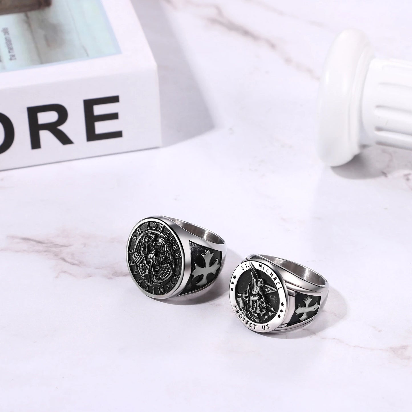 BONISKISS Men's St. Michael Ring Religious Seal Stainless Steel Ring Amulet Jewelry Gift Vintage Golden Sliver Male Fashionable