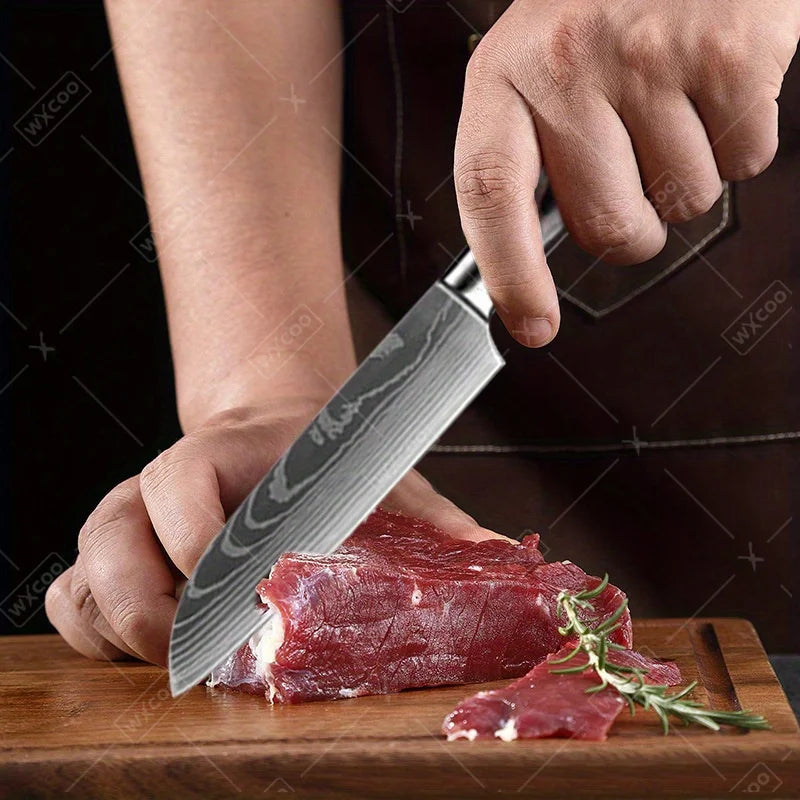 9 Pcs Kitchen Chef Knife Set High Carbon Stainless Steel Damascus Chef Knife Boning Knife Cleaver Santoku Slicer Vegetable