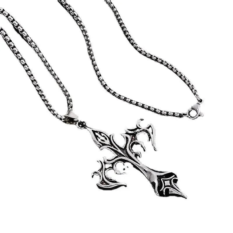 Fashion Vintage Flame Cross Pendant Necklace For Women Men Long Chain Punk Goth Trendy Accessories Choker Gothic Jewelry