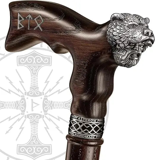 Handcrafted Viking-Inspired Walking Stick for Men - Unique Wooden Canes for Men and Seniors (Berserker Style)