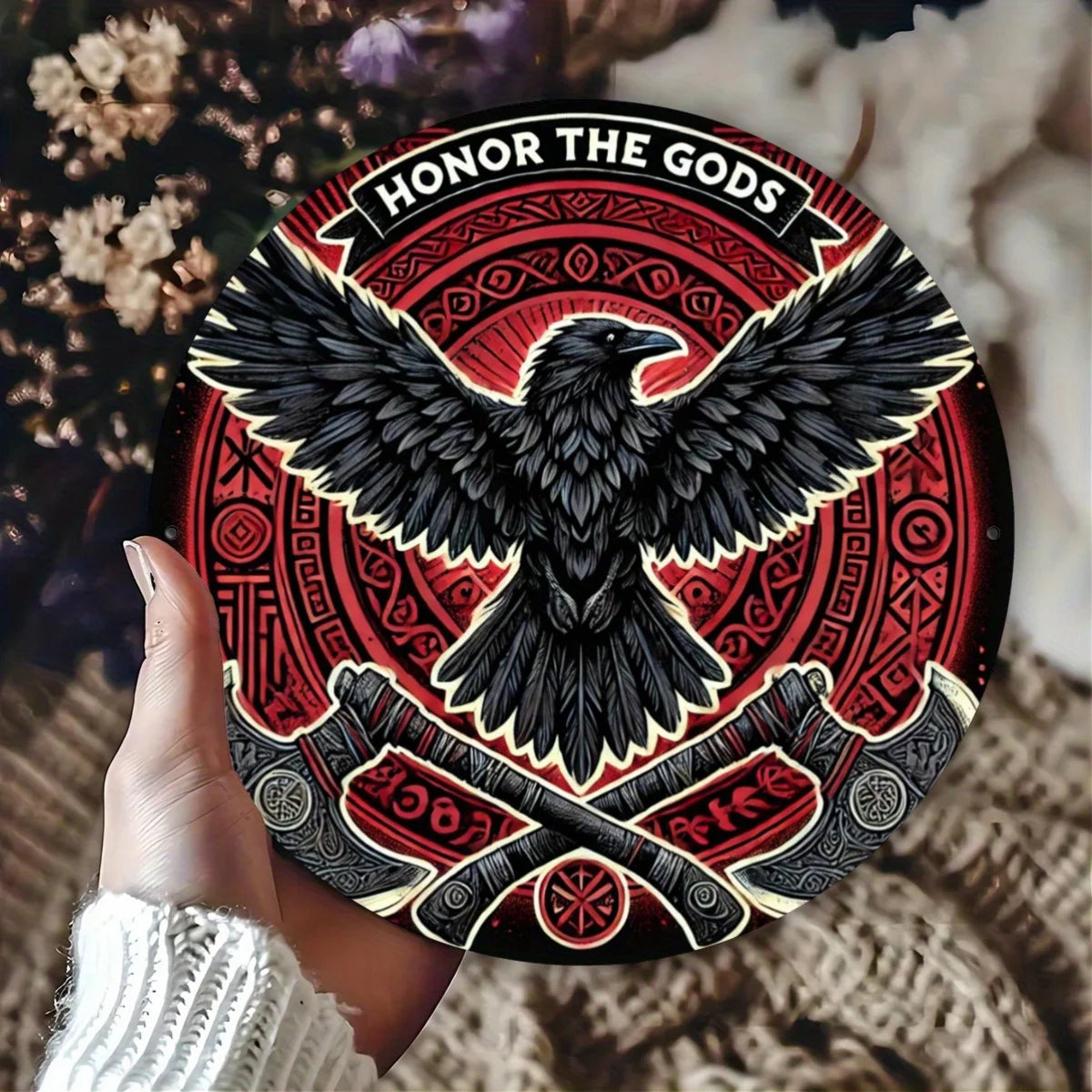 Viking Themed Metal Sign - 7.8 Inch Round Rustproof Iron Wall Art, Norse God Design for Home, Office \u0026 Coffee Shop Decor