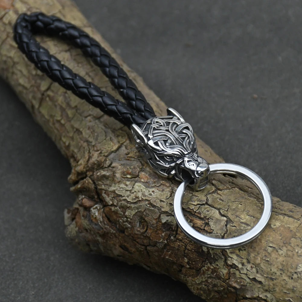 Wolf Head Keychains Vikings Pendant Stainless Steel wolf Keyring Male Black leather Key Ring