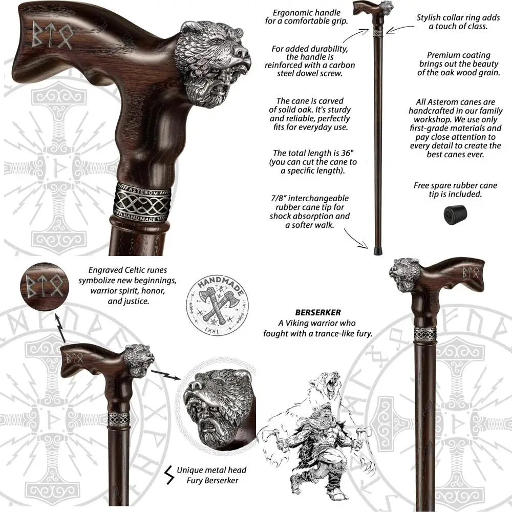 Handcrafted Viking-Inspired Walking Stick for Men - Unique Wooden Canes for Men and Seniors (Berserker Style)