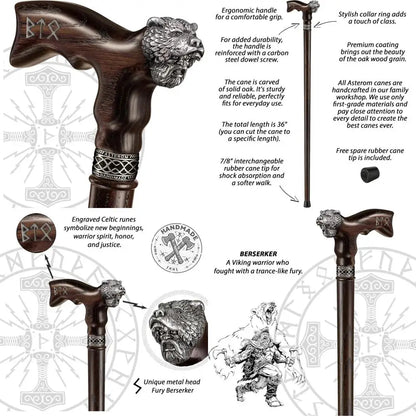 Handcrafted Viking-Inspired Walking Stick for Men - Unique Wooden Canes for Men and Seniors (Berserker Style)