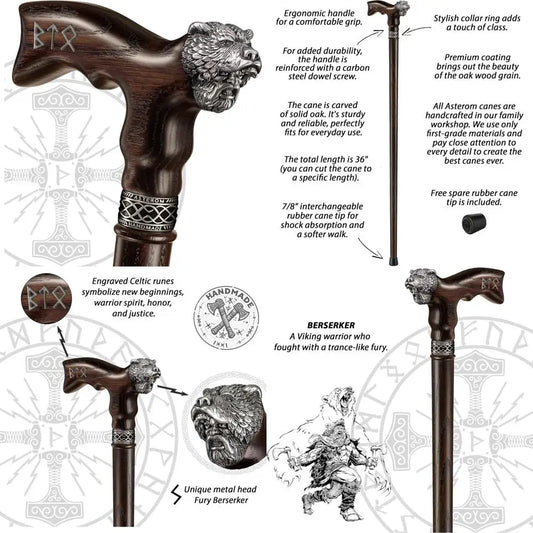 Handcrafted Viking-Inspired Walking Stick for Men - Unique Wooden Canes for Men and Seniors (Berserker Style)