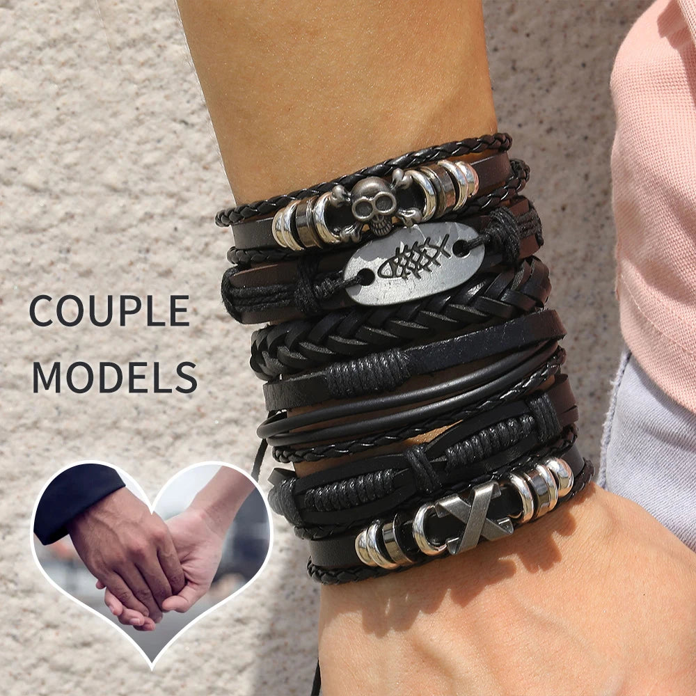 Viking Bracelet Woven Skull Jewelry Adjustable Leather