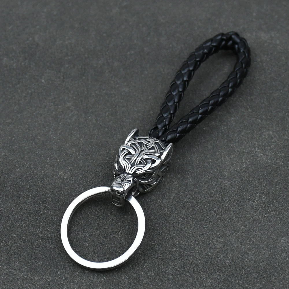 Wolf Head Keychains Vikings Pendant Stainless Steel wolf Keyring Male Black leather Key Ring