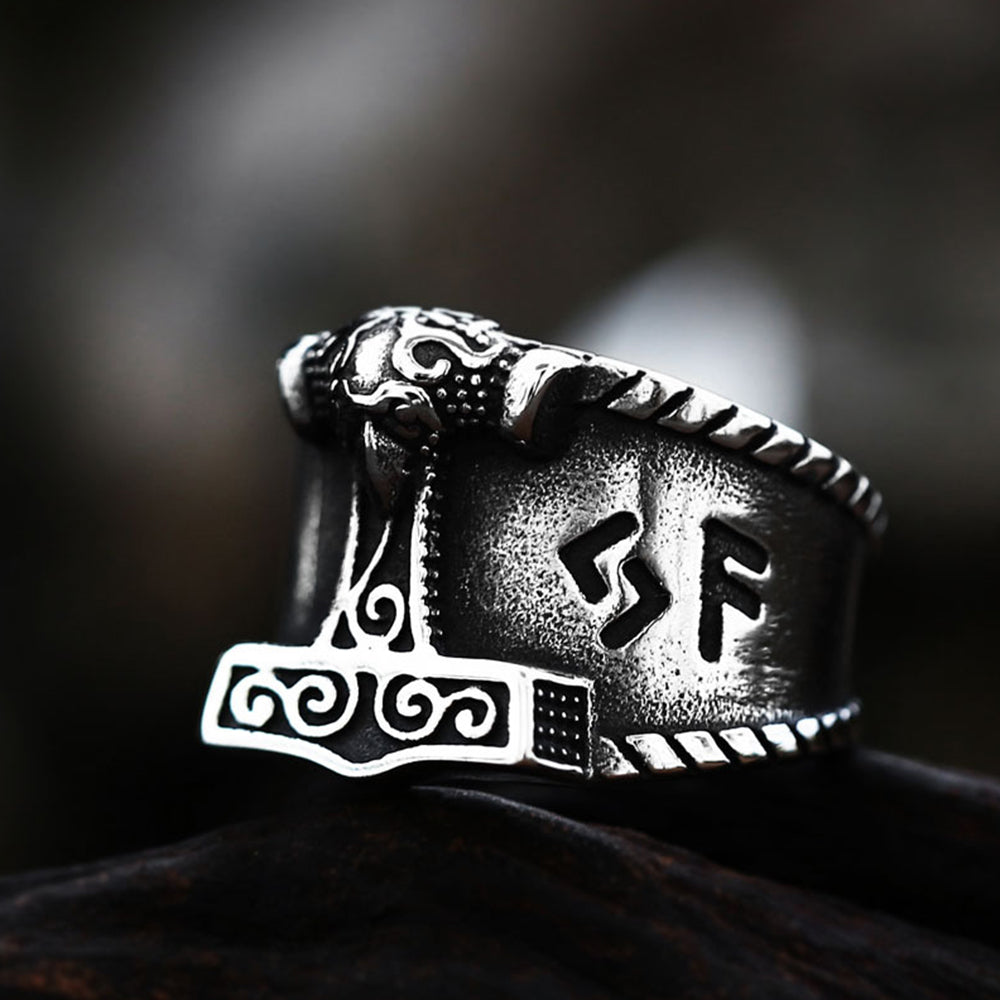 Viking Rune Ring Stainless Steel Mjolnir Thor's Hammer Nordic