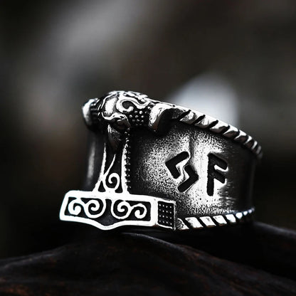 Viking Rune Ring Stainless Steel Mjolnir Thor's Hammer Nordic