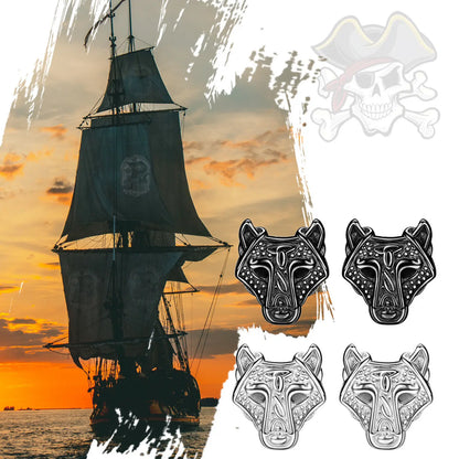 Boniskiss 4pcs Punk Norse Viking Runes Fenrir Wolf Head Amulet Earrings Hip Hop Stainless Steel Stud 20G for Men Women Unisex