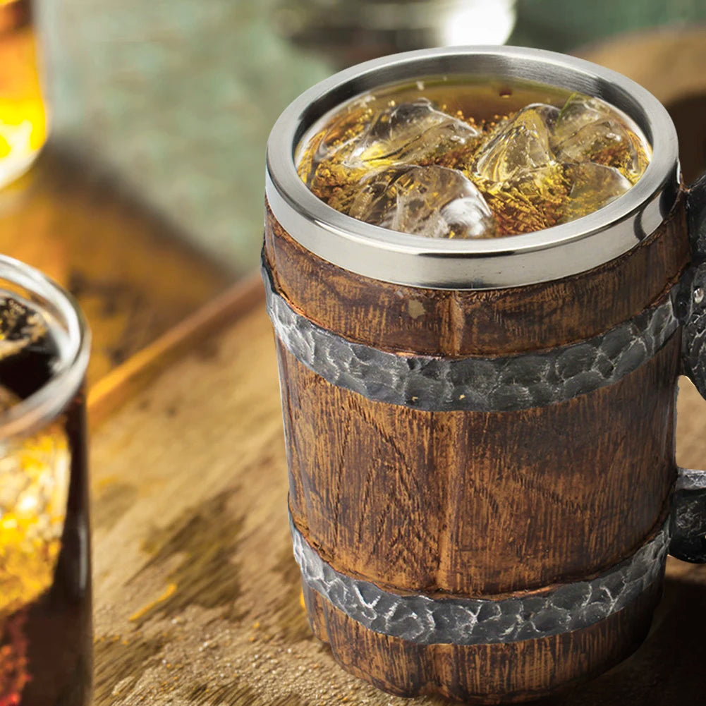 500ml Insulated Tumbler Double Wall Simulation Wood Beer Cup Creative Beverage Cup Heat Resistant for Tea Coffee Drinks