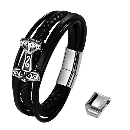 BONISKISS Mens Viking Thor's Hammer Norse Runes Vintage Leather Bracelet Amulet Mjolnir Jewelry Gift Magnetic Buckle Accessories