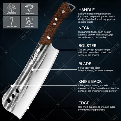 1 PC/3 PCS Stainless Steel Meat Cleaver Sharp Boning Knife Kitchen Utility Knife Handmade Forged Multipurpose Tool Wooden Handle