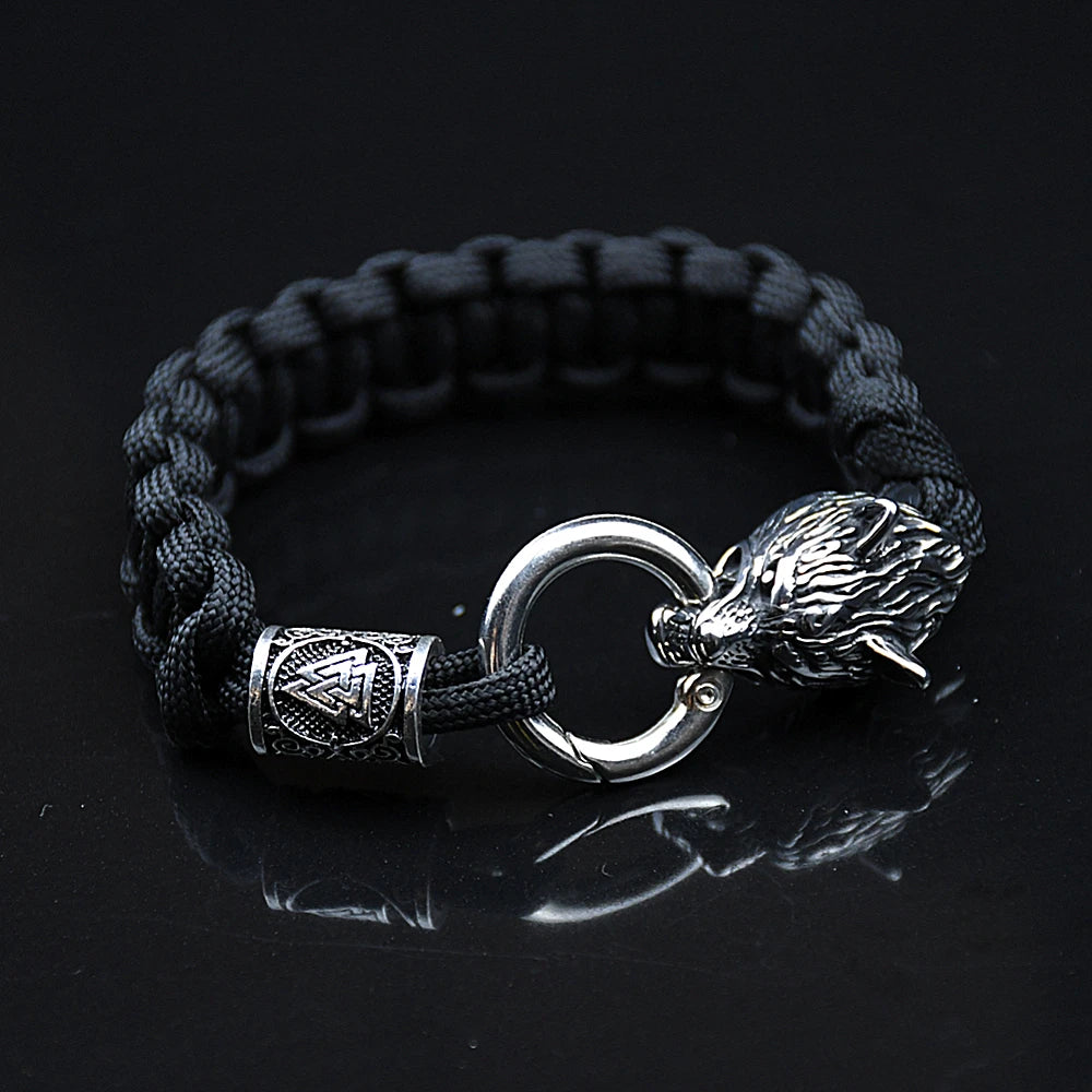 Stainless Steel Celtic Wolf Bracelets Men Norse Vikings Runes Paracord Rope Bangles Jewelry