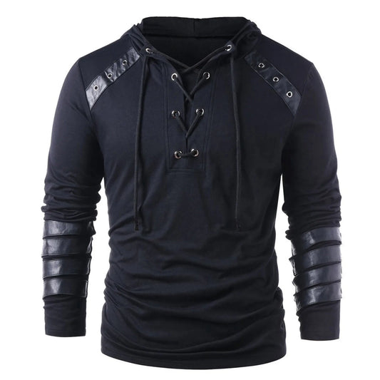 Leather Patchwork Drawstring Hooded Men's Tees Tops Long Sleeve V Neck Lace Up Blouses Vintage Medieval Plus Size Loose Clothing