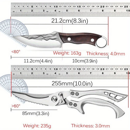 2pcS Kitchen Knife Stainless Steel Handmade Boning Cleaver Butcher Scissors Vegetable Fruit Bone Knife